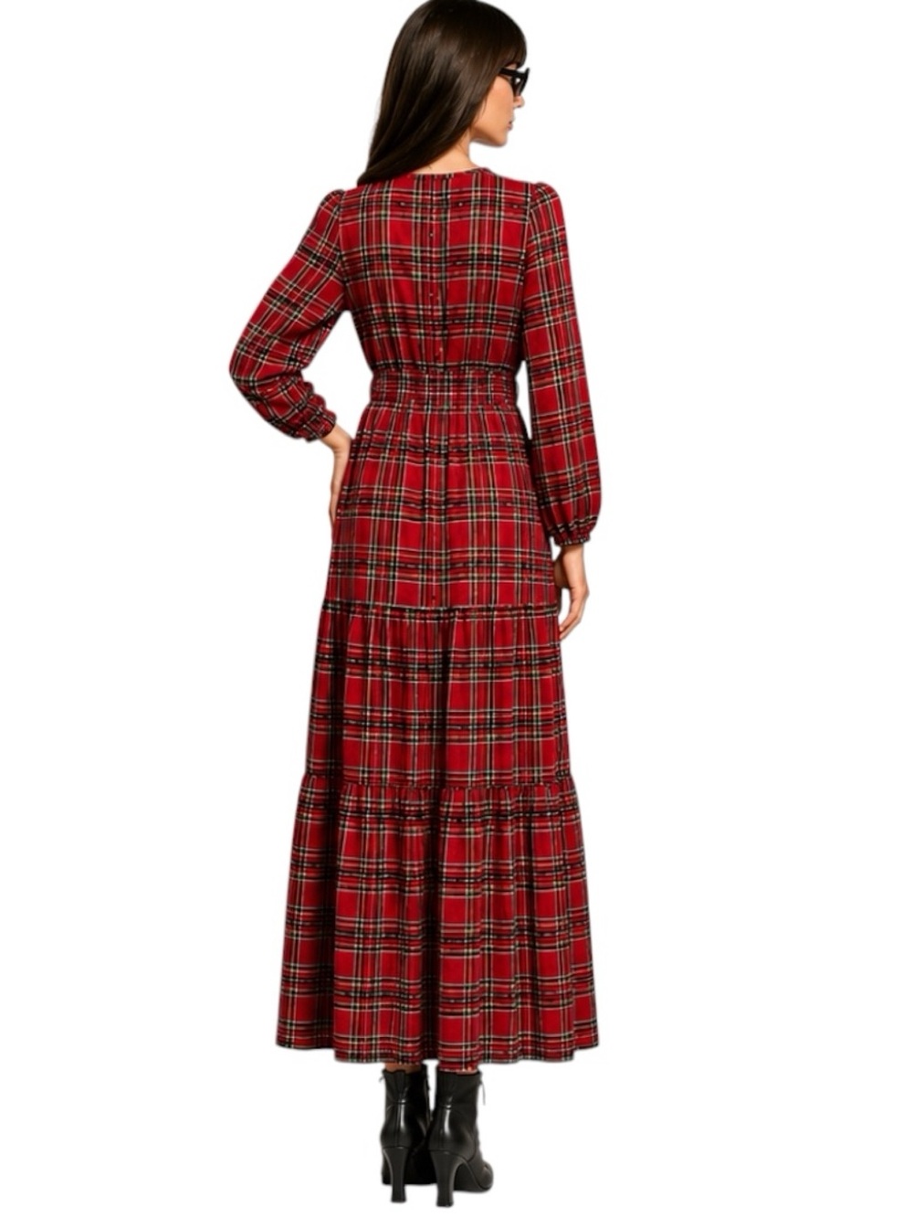 Red Plaid Tartan Size M Maxi Dress Holiday Grandmillennial Victorian Core - Picture 4 of 4